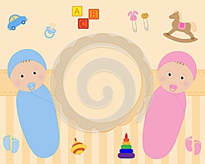 Baby twins birthday card vector illustration flat. Cute newborn kids boy girl.